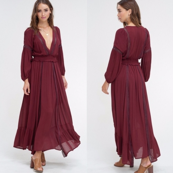 Luce Burgundy Plunging Neck Long Sleeve Maxi Dress - Picture 3 of 3